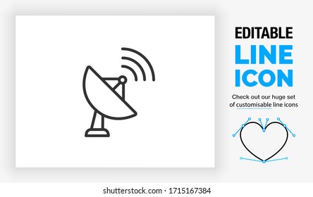 Editable line icon of a satellite dish receiving a digital signal with the antenna in a modern black stroke on a clean white background as a eps vector file