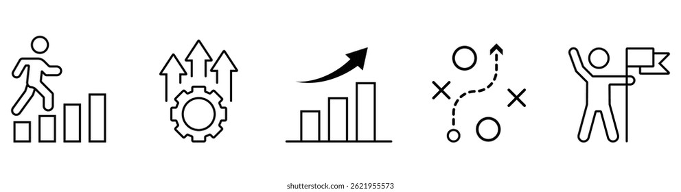 Editable line icon set of ambition, progress and personal growth
