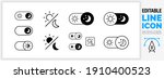 Editable line icon set in a black stroke weight in outline and a filled shape used to select darkmode or night brightness in the settings of a smart mobile device with a moon and a sun in eps vector