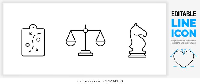 Editable line icon set in a black stroke of strategy symbols as a game plan clipboard, a law and order scale used by the justice system and a chess horse piece as a clean eps vector graphic design