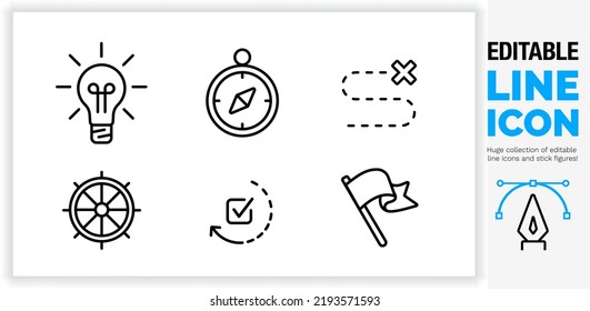 Editable line icon set in a black simple and clean vector outline stroke for business strategy and strategic focus for business and work goals for a corporate mission or target on a white background - Shutterstock ID 2193571593