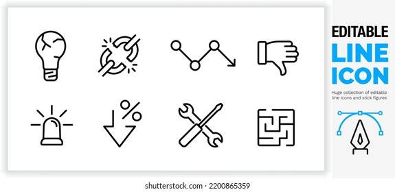 Editable line icon set in a black stroke light weight in a simple outline symbol design about negative impact or failure resulting in downward or broken damaged result sign on a white clean background