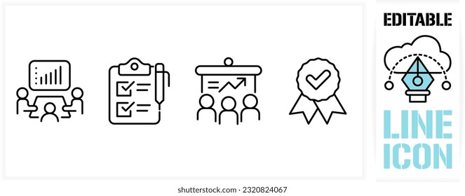 Editable line icon set in a black simple and clean vector outline stroke for business strategy and strategic focus for business and work goals for a corporate mission or target on a white background