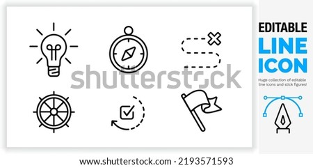 Editable line icon set in a black simple and clean vector outline stroke for business strategy and strategic focus for business and work goals for a corporate mission or target on a white background