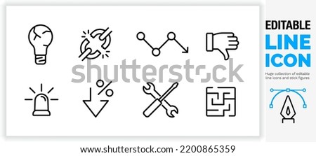 Editable line icon set in a black stroke light weight in a simple outline symbol design about negative impact or failure resulting in downward or broken damaged result sign on a white clean background