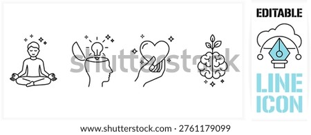 Editable line icon set in a black simple and clean vector outline stroke for mental health, meditation yoga, creative mind insight, self care love and psychological growth with brain plant concept.