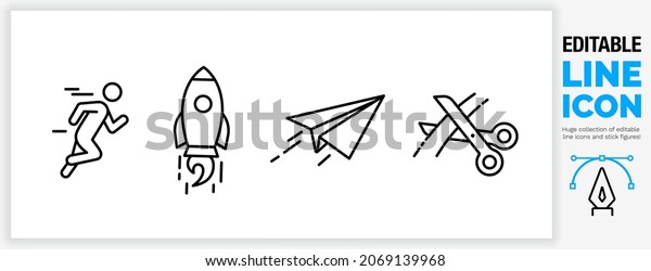 Editable line icon set in a black stroke vector\
design about a start up company launching fast with speed as a man\
sprinting, rocket flying and a paper plane symbol or cutting a\
ribbon or museum lint