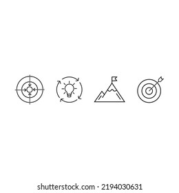 Editable line icon set of a business strategy symbol set for personal focus, creative thinking, brainstorm session, ambition, goal and target practice as a customisable black stroke eps vector graphic