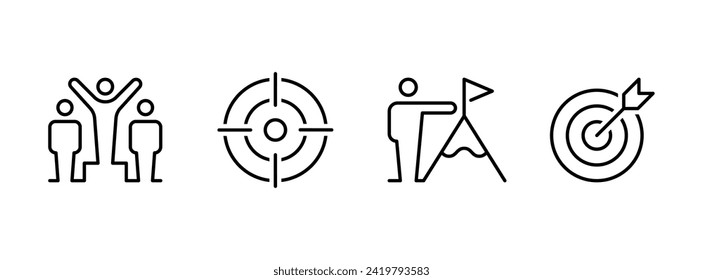 Editable line icon set of a business strategy symbol set for personal focus, creative thinking, brainstorm session, ambition, goal and target practice as a customisable black stroke eps vector graphic