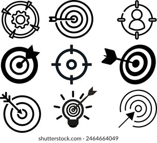 Editable line icon set of a business strategy symbol set for personal focus, creative thinking, brainstorm session, ambition, goal and target practice as a customisable black stroke eps vector graphic