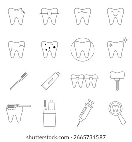 Ícone de linha editável definido para tratamento dentário e escovação. Coleção de logotipos de dentista e saúde bucal. Ícones de dentes, cáries, implantes e dentaduras. Ilustração vetorial. Isolado em um fundo branco.