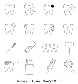 Conjunto de iconos de línea editable para el cuidado dental y el cepillado. Colección de logotipos de dentistas y salud bucal. Iconos de dientes, caries, implantes y dentaduras postizas. Ilustración vectorial.