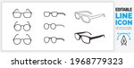 editable line icon set of different style glasses like square, round and pilot design from a different perspective with front, side and top view in a outline black stroke eps vector symbol graphic