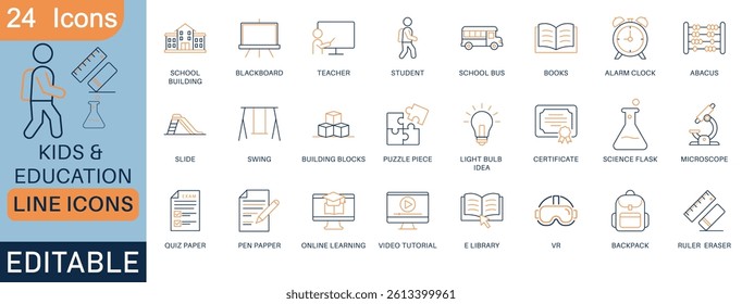 Editable line icon set featuring 24 school and learning-related icons like student, teacher, books, e-learning, VR, and more. Perfect for apps, websites, and educational projects.