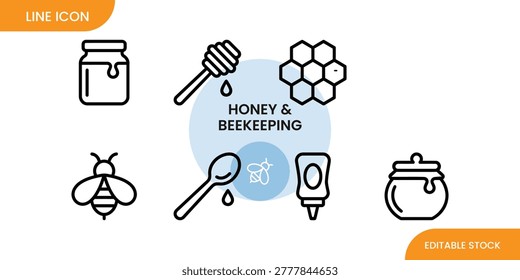 Editable line icon set featuring honey and beekeeping themed graphics, including honeycomb, bee, honey jar, and dipper, ideal for illustrating articles or websites about apian products