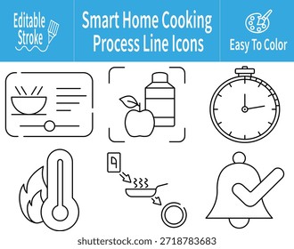 Editierbares Liniensymbol, das intelligente Hausmannskochprozesse wie digitale Rezepte, Zutatenabtastung, Kochzeitgeber, Wärmesteuerung, Schrittführung und Küchenalarme veranschaulicht.