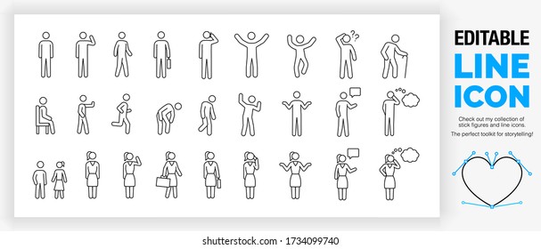 Editable line icon set of outline male and female stick figures standing in different poses with children as a toolkit collection for infographic design in a black stroke as a eps vector pictogram