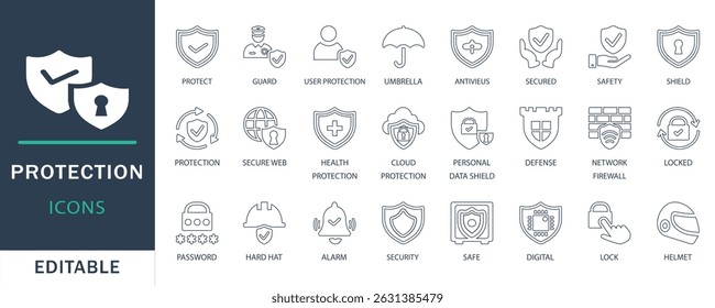 Editable line icon set of protection and security. Includes shield, antivirus, firewall, user protection, cloud security, lock, password, and digital safety icons.