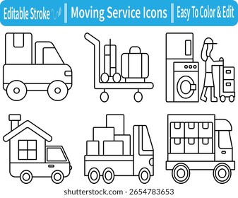 Conjunto editável de ícones de linha mostrando os serviços em movimento, incluindo caminhões, caixas, carrinhos, eletrodomésticos, entrega doméstica e transporte de carga. Fácil de editar e personalizar.