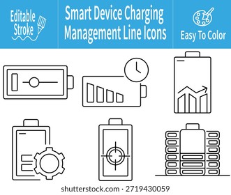 Conjunto de iconos de línea editable que muestra los conceptos de control, programación, optimización y monitoreo de carga de dispositivos inteligentes para aplicaciones modernas, paneles, interfaces de sistema y administración de energía digital.
