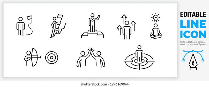 Editable line icon set of stick figure character in black outline illustration about people reaching their ambition and goal by achieving the next step in their career going up and doing it together - Shutterstock ID 1976169044
