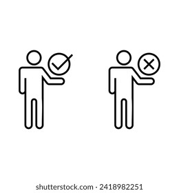 Editable line icon set of stick figure character in black outline illustration about accept or no accepted, tick or cross Icon Vector Symbol Sign Pictogram