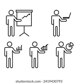 Editable line icon set of stick figure character in black outline illustration about market, sales, presentation, graphic Icon Vector Symbol Sign Pictogram
