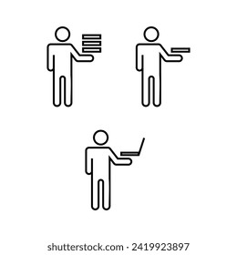 Editable line icon set of stick figure character in black outline illustration about bring folder, document, laptop or serve graphic Icon Vector Symbol Sign Pictogram