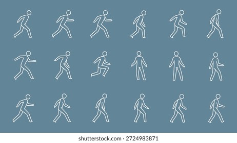 Conjunto de iconos de línea editable de un hombre de palo o figura de palo caminando en diferentes poses en un estilo de Diseño gráfico de contorno dinámico de pie en ambos o una pierna en el lado y frente vista de cuerpo completo como un Vector