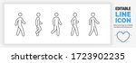 Editable line icon set of a stickman or stick figure walking in different poses in a dynamic outline graphic design style standing on both or one leg in side and front full body view as a eps vector