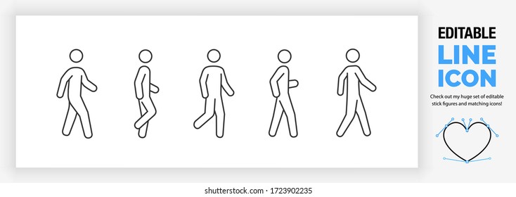 Editable line icon set stickman stick figure walking in different poses in dynamic outline graphic design style standing both one leg in side   front full body view as eps vector