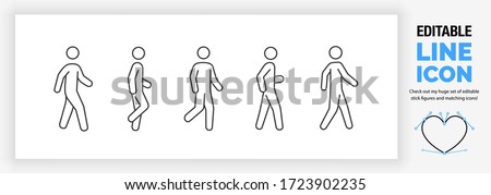 Editable line icon set of a stickman or stick figure walking in different poses in a dynamic outline graphic design style standing on both or one leg in side and front full body view as a eps vector