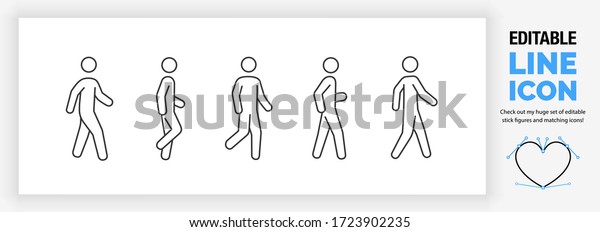 Editable line icon set of a stickman or stick\
figure walking in different poses in a dynamic outline graphic\
design style standing on both or one leg in side and front full\
body view as a eps\
vector