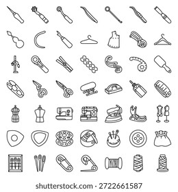 Un conjunto de iconos de línea editable de varias herramientas de costura.
