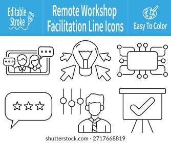 Iconos de líneas editables que ilustran conceptos de facilitación de talleres remotos, incluyendo trabajo en equipo en línea, desarrollo de ideas, sistemas de Comentarios, control de procesos, guía de liderazgo y colaboración digital.