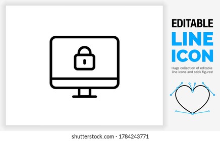 Editable line icon of a simple desktop computer with a security locked padlock symbol on screen for online safety on the internet as a clean black stroke and a eps vector graphic design file