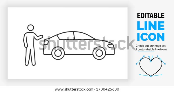 Editable line icon of a standing stick figure\
showing the side of his normal car in full body view and his hand\
pointing to the vehicle in a modern black linear stroke as a eps\
vector design file