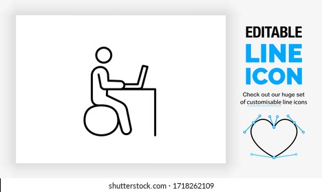 Editable Line Icon Of A Stick Figure Person Sitting With Balance On A Yoga Office Ball Used To Replace The Office Chair For A Correct Posture For Your Back And Spine While Working At Your Company Desk