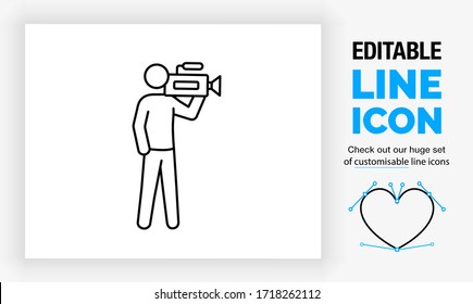 Editable line icon of a stick figure cameraman in full body view with a video recorder on his shoulder used by live news media en the movie industrie in a clean black stroke as a eps vector symbol