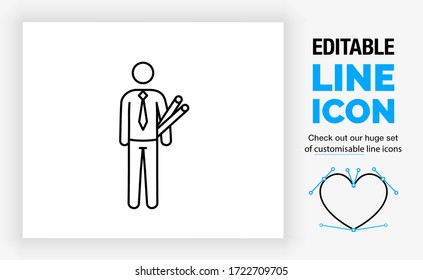 Editable line icon of a stick figure architect standing in full body view with his construction plans on a roll of paper under his arm and wearing a suit in a black stroke as a eps vector symbol