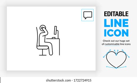 Editable line icon of a stick figure help desk employee sitting in the office talking on the phone with a client to assist and support in a technical issue with a speech bubble as a eps vector symbol