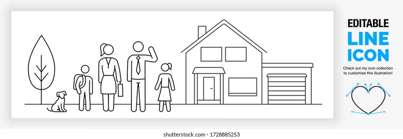 Editable line icon of a stick figure family standing outside in front of their house with a garage and the parents in a suit for work and the man waving next to the children and pet dog in eps vector