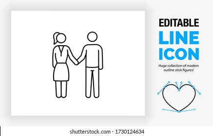 Editable line icon of a stick figure man and woman holding hands on a first date standing in full body view with the girl wearing a skirt and the boy wearing pants in a black stroke as a eps vector