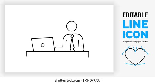 Icono de línea editable de una persona con figura de palo en un ordenador sentado en su escritorio en una oficina con un traje corporativo con corbata mirando la pantalla de su laptop de un trazo negro como un diseño vector de eps
