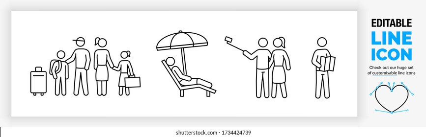 Editable line icon of a stick figure family and with children and a suitcase for travel and a man lying on a sun bathing bed with a beach umbrella and a couple taking a photo with a selfie stick