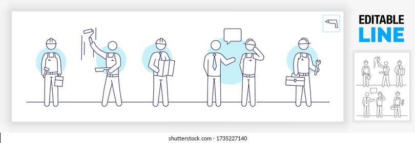 Editable line icon of stick figure construction workers, a foreman, a painter and a plumber working in a team on a project and talking with the architect in a black or blue stroke as a eps vector