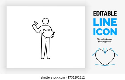 Editable line icon of a stick figure person standing with a piggy bank in his arm and money in his hand to put in the pig as personal savings for his retirement fund in a black stroke as a eps vector