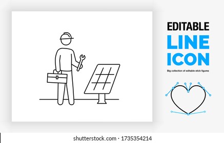 Editable line icon of a stick figure technician standing next to a solar panel to repair it with a wrench and a toolbox wearing a construction helmet in a black stroke in a eps vector graphic design