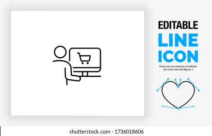 Editable line icon of a stick figure person sitting behind his desk on a computer buying online on a webshop with a shopping cart symbol on the screen in a black stroke as a eps vector graphic