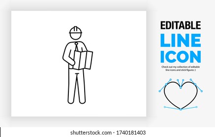 Editable line icon of a stick figure architect in a suit with a construction helmet on standing with a planning map in his hands to oversee a building project in a black stroke as a eps vector graphic